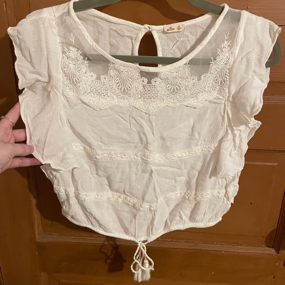 Hollister Flutter Sleeve Lace Striped Mesh/Lace Neck Detail Rope Tie Hem Crop